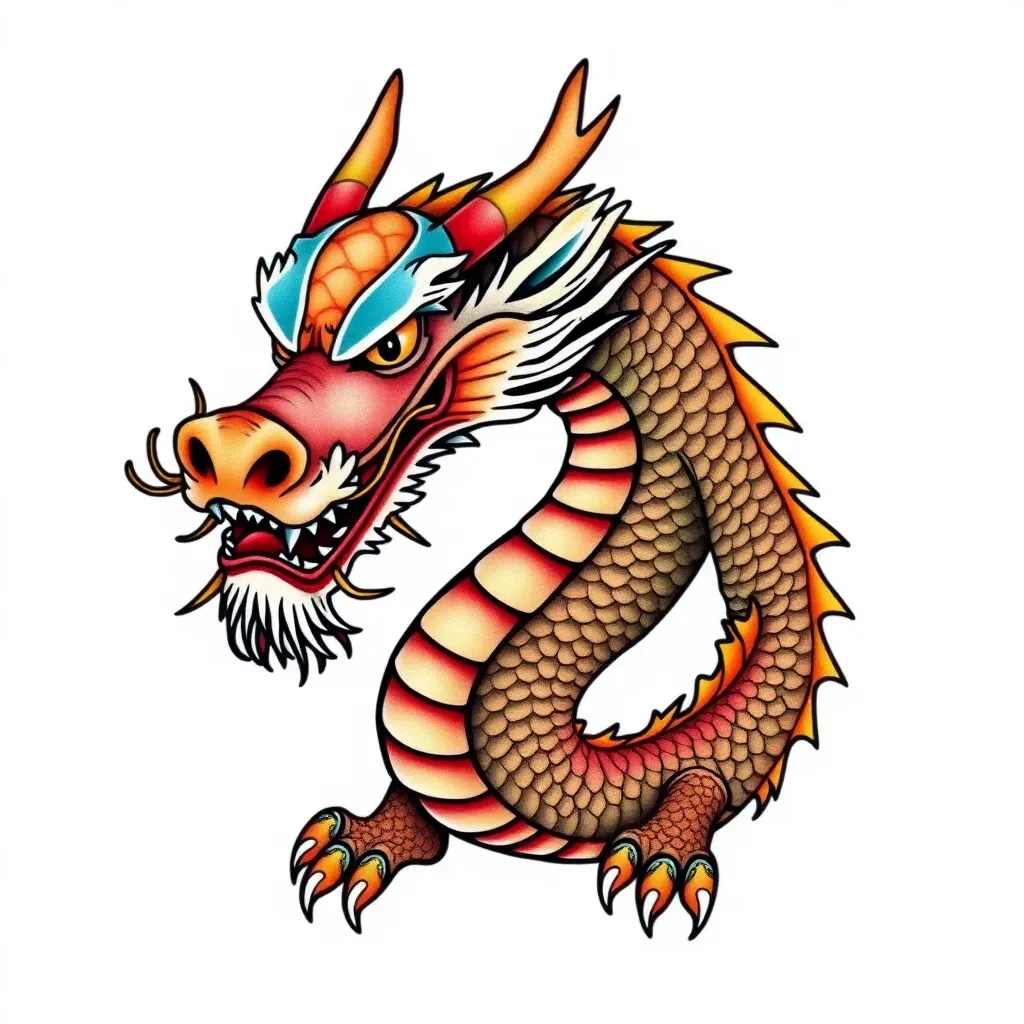 color tattoo of dragon in Japanese style, looking straight ahead with angry attitude, on back, with a lot of detail tattoo