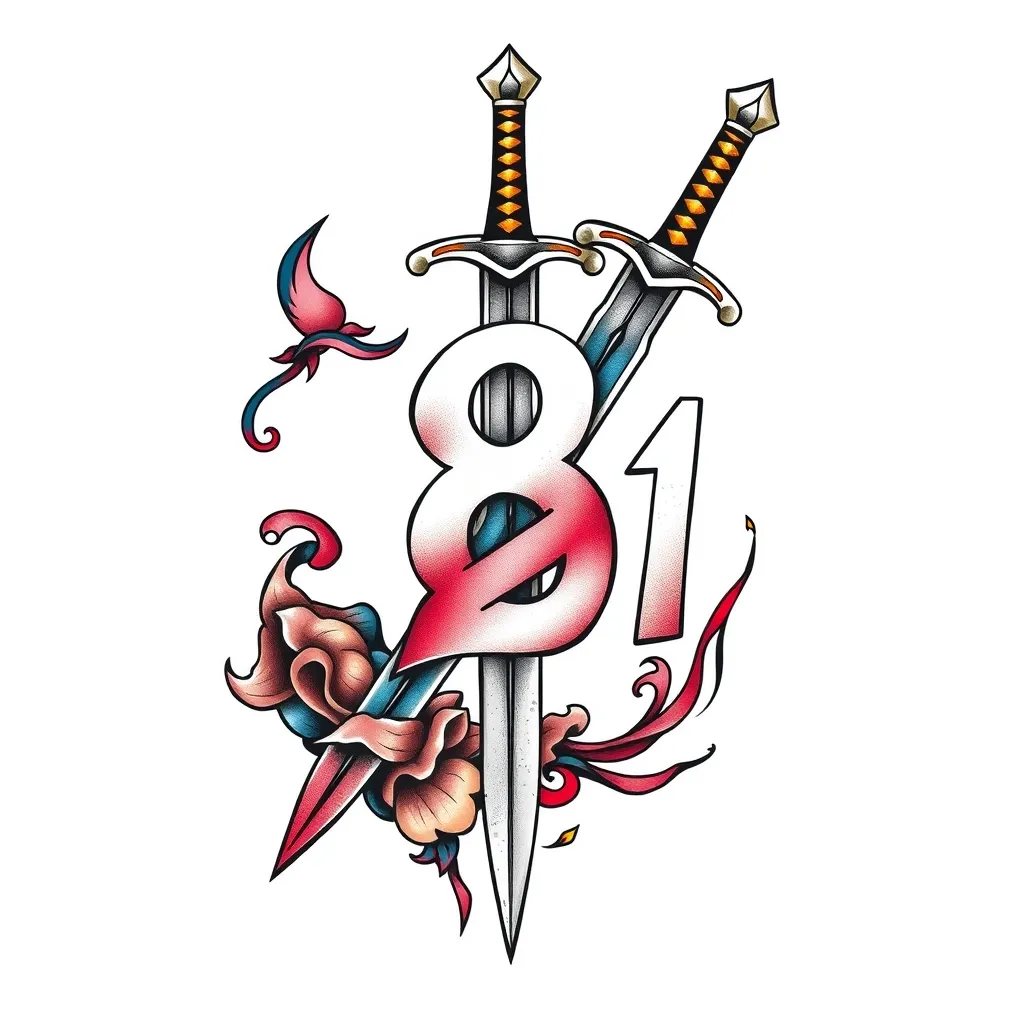 Combined tattoo design of a sword and the number 8 and the number -21 tatuaż