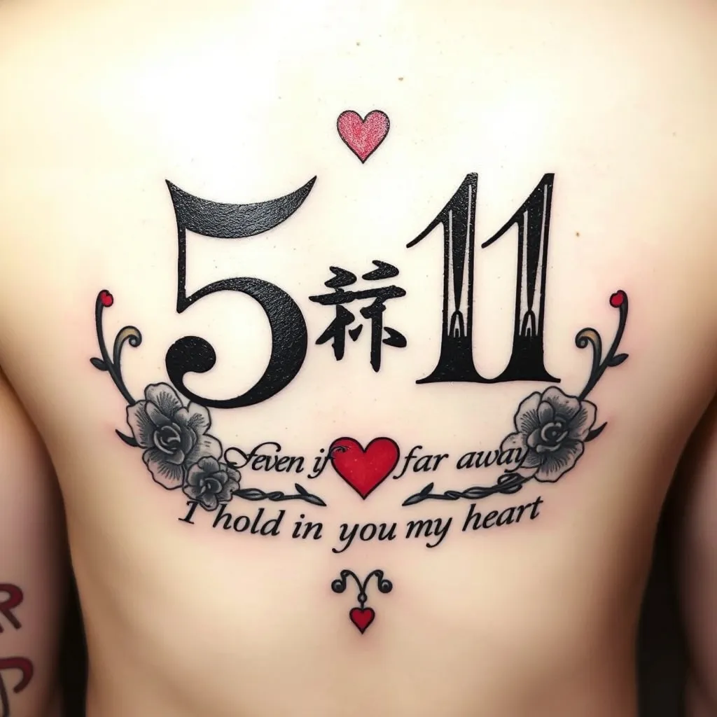 将罗马数字5和11，跟“For even if I'm far away I hold you in my heart”结合，来纪念逝世的外婆 tatoeage