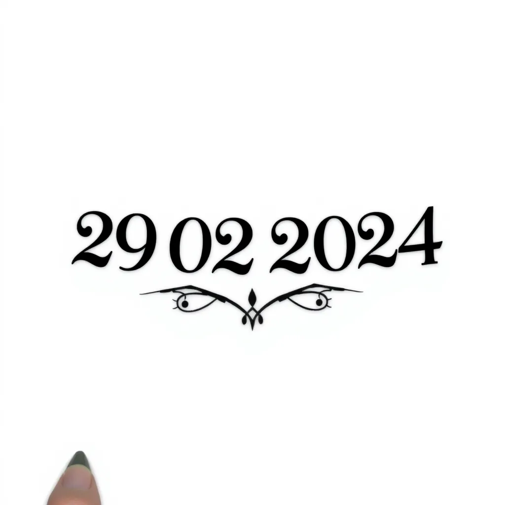 Composizione con lettere e numeri della data 29 02 2024 tattoo