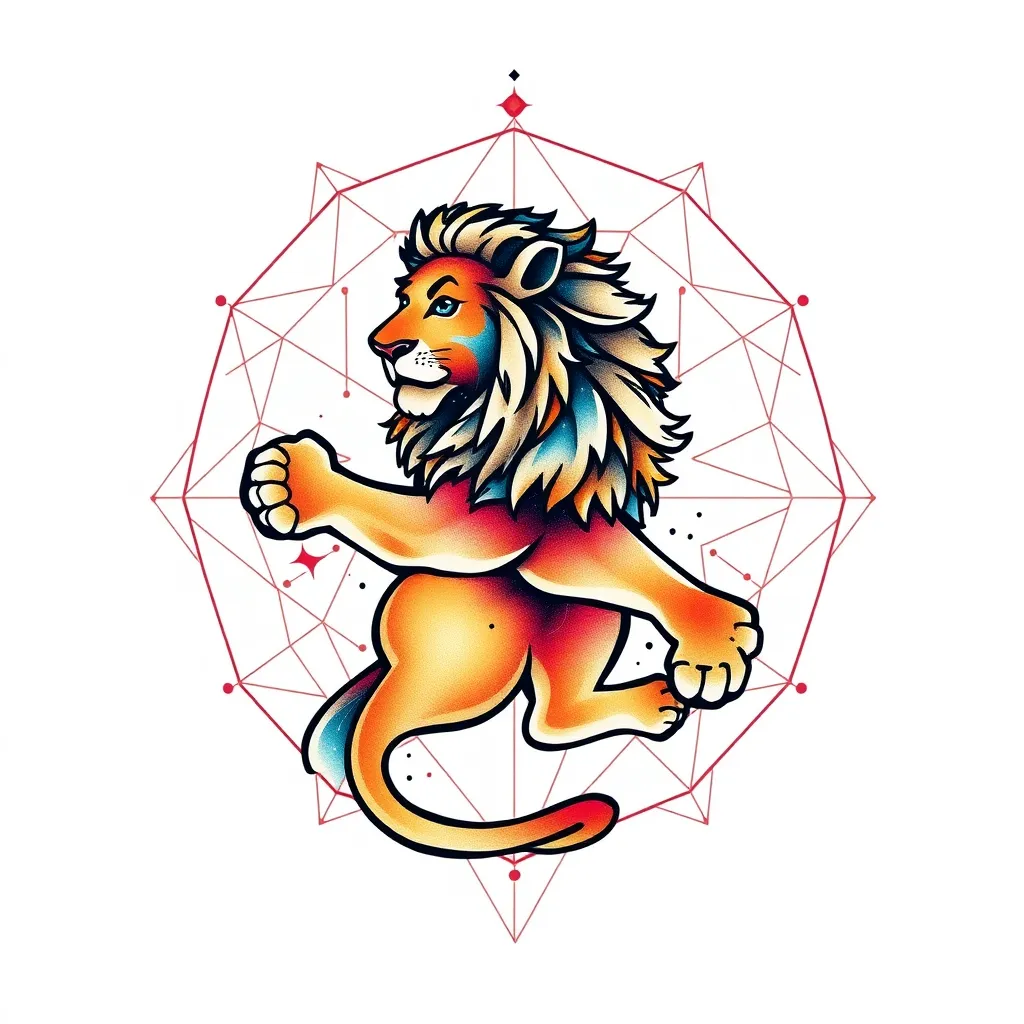 Constellation of Leo, geometric background with lion incorporated behind constellation tatuaje