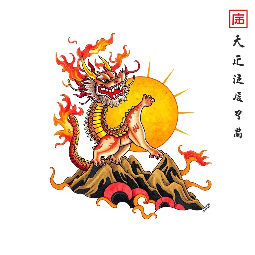 ### **一、核心推荐方案**
#### **1. 「火山熔岩 + 麒麟踏日」**
- **元素组合**:
- **火山喷发**(火):熔岩流淌,烈焰升腾,象征爆发力与能量补给。
- **麒麟神兽**(土):脚踏山脉,背驮烈日,麒麟为土属性祥瑞,可镇水木之忌,稳固根基。
- **配色**:
- 主色调:岩浆红、橙黄(火) + 山脉棕、大地黄(土)。
- 点缀:少量金色(增强土生金财星)。
- **命理寓意**:
火生土,土制水,化解官杀压力,同时增强贵人运与行动力。 tetování