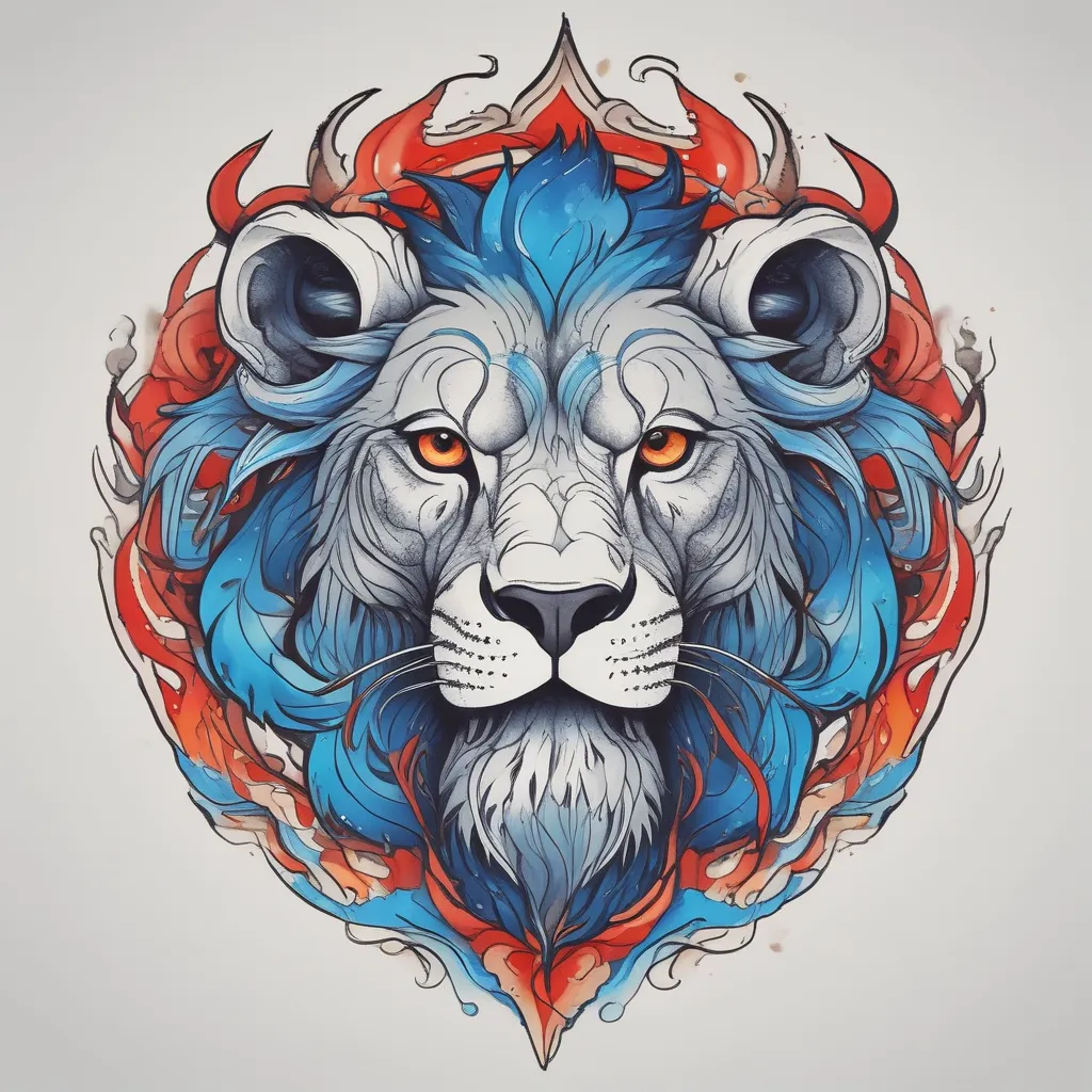 Cosmic agressive lion, blue flame left side, red flame on right side  टैटू