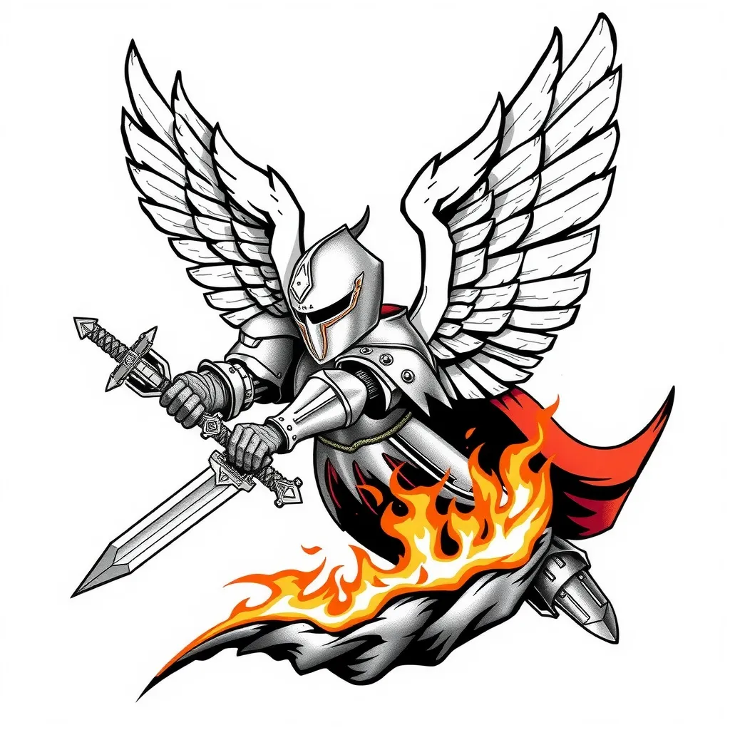 Мужественный Ангел рыцарь в огне с мечом, в доспехе, с открытым лицом, тату на плечо tatuagem