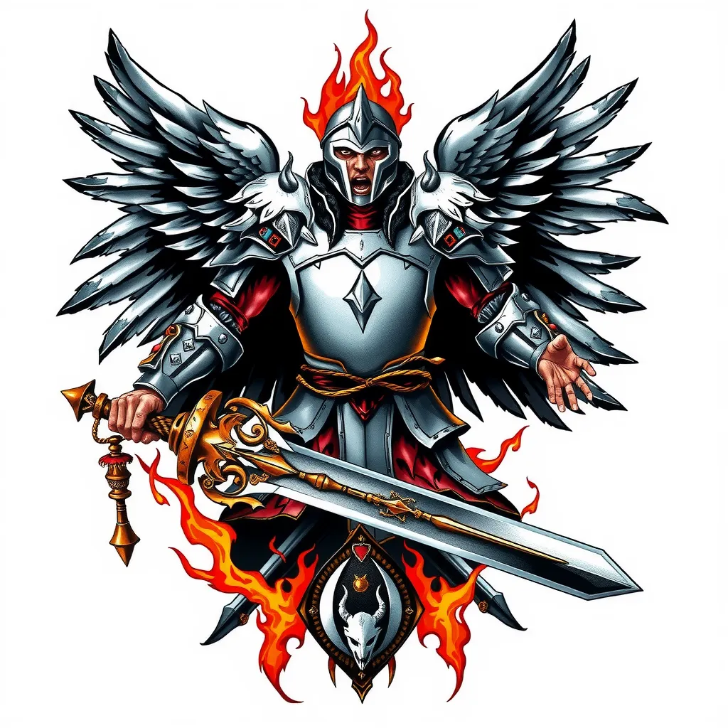Мужественный Ангел рыцарь в огне с мечом, в доспехе, с открытым лицом, тату на плечо 纹身