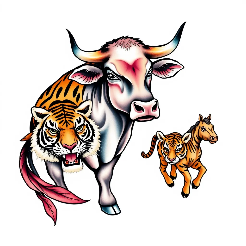 cow and tiger and small horse tattoo