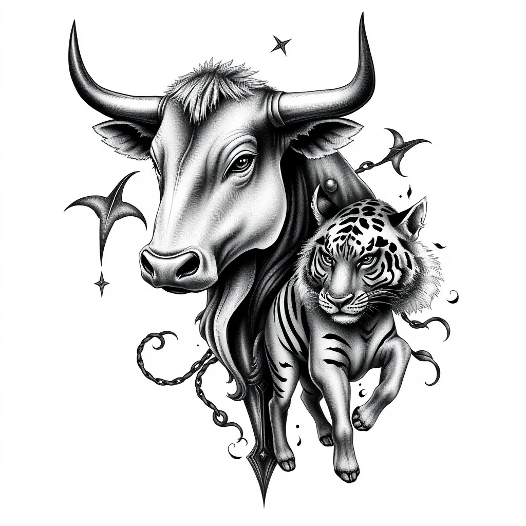 cow and tiger and small horse tattoo