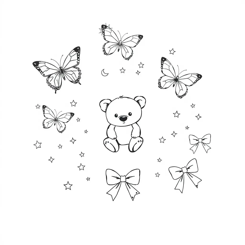 “Create 12 sketch for tattoos fine line, with butterflies, teddy bears, stars, moon, sparkles, and bows.” Li voglio belli e soprattutto elaborati tatuaż