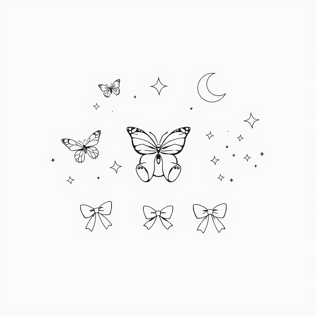 “Create 12 sketch for tattoos fine line, with butterflies, teddy bears, stars, moon, sparkles, and bows.” tatuaż