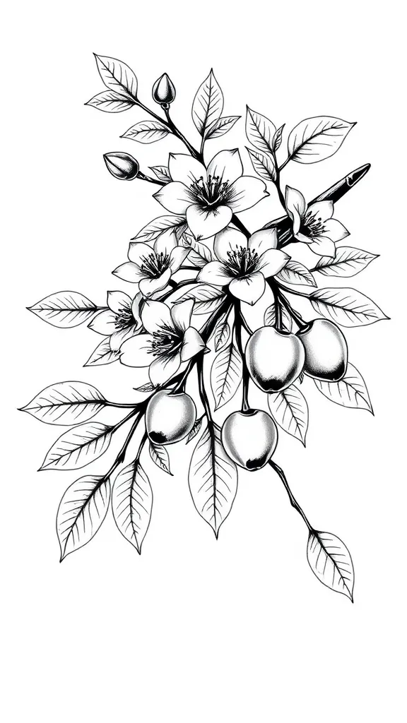 crie um desenho em preto e branco sem sombreados para uma tatuagem. O desenho deve ser de galhos de uma arvore de acerola e deve conter as flores e frutos dessa arvore, coloque os frutos em destaque e traços espaçados tattoo