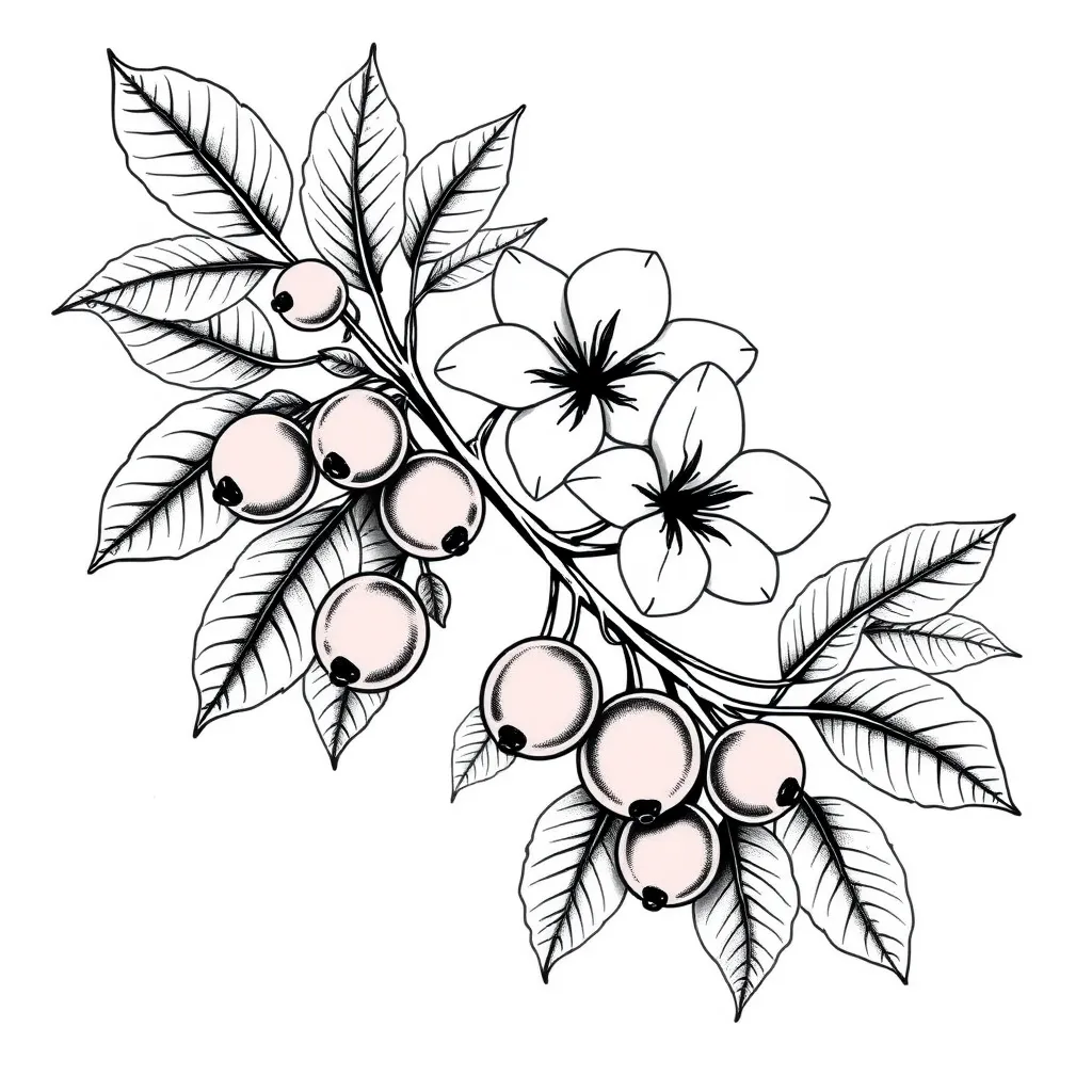 faça um desenho em preto e branco sem sombreados para uma tatuagem. O desenho deve ser de galhos de uma arvore de acerola e deve conter as flores e frutos dessa arvore, coloque os frutos em destaque tatuering