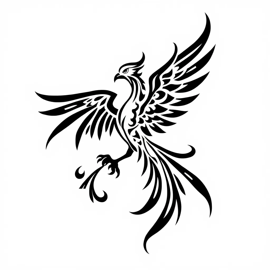 Creame un tatuaje tribal maori de fenix en blanco y negro, con contorno de base  y alrededor del fenix con llamas en color tattoo