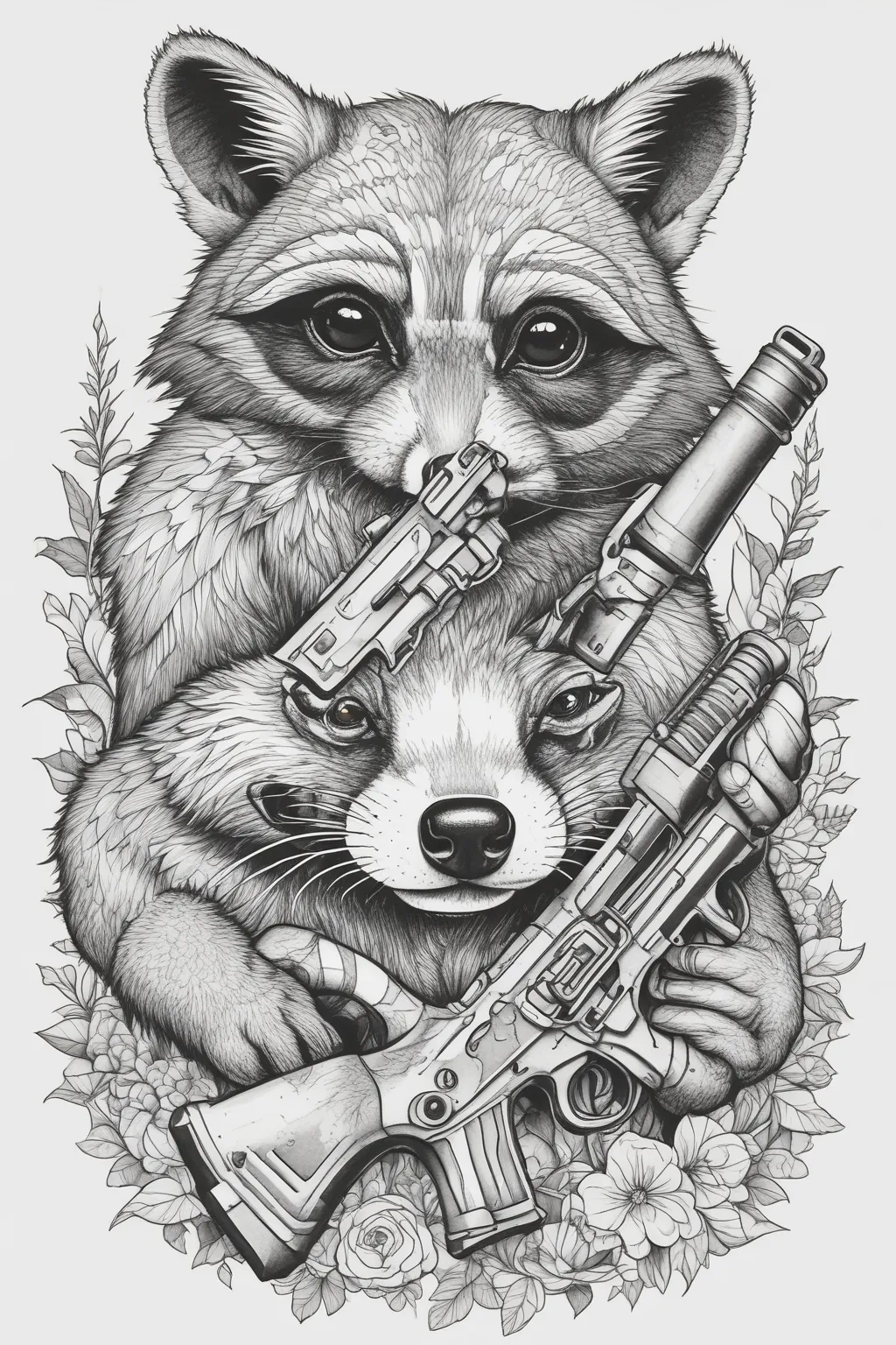 Create a black and white tattoo sketch of a raccoon holding a gun. The design should have a bold and striking appearance, capturing the mischievous essence of the raccoon τατουάζ