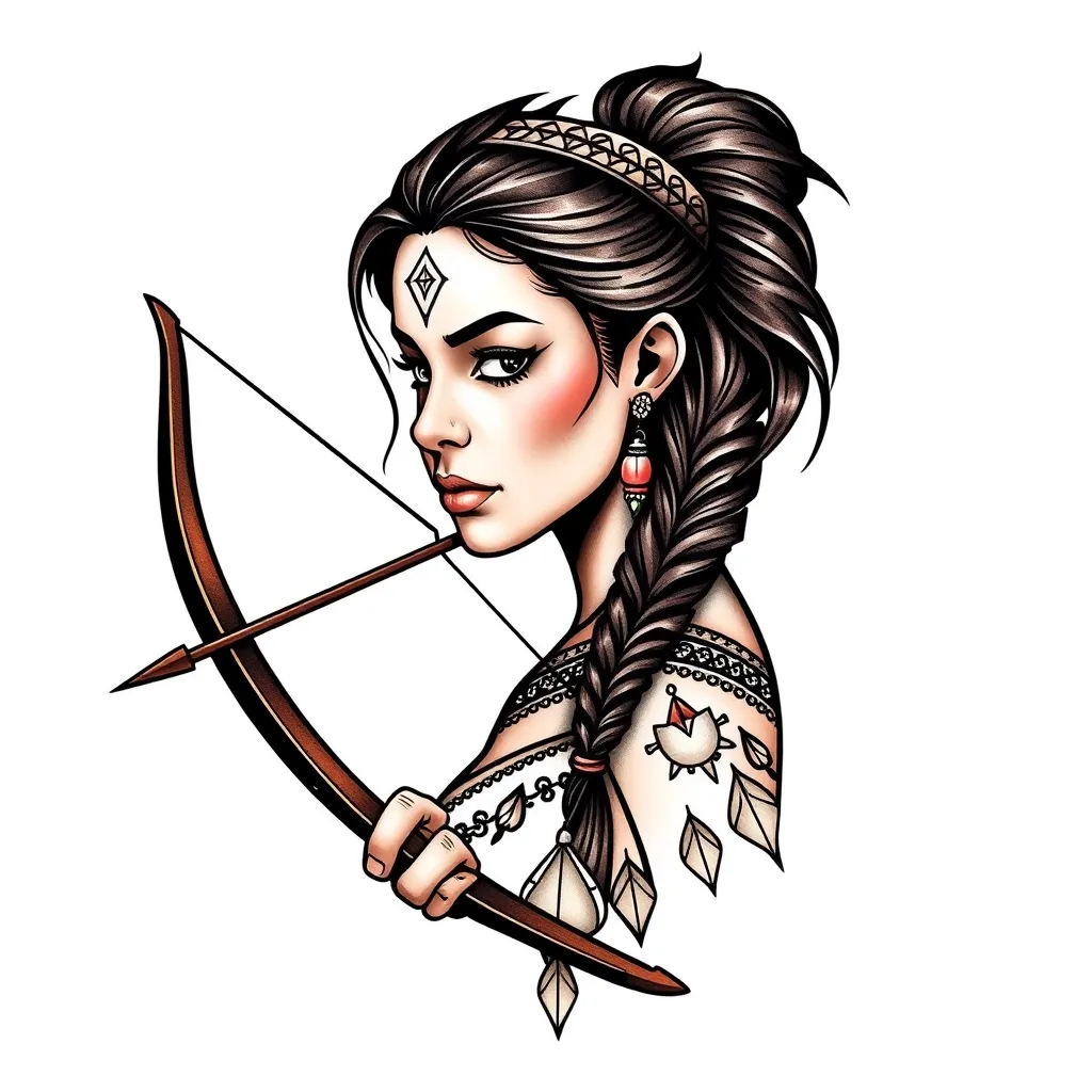 create a brunette Brazilian girl character, with bow and arrow, Indian style tattoo