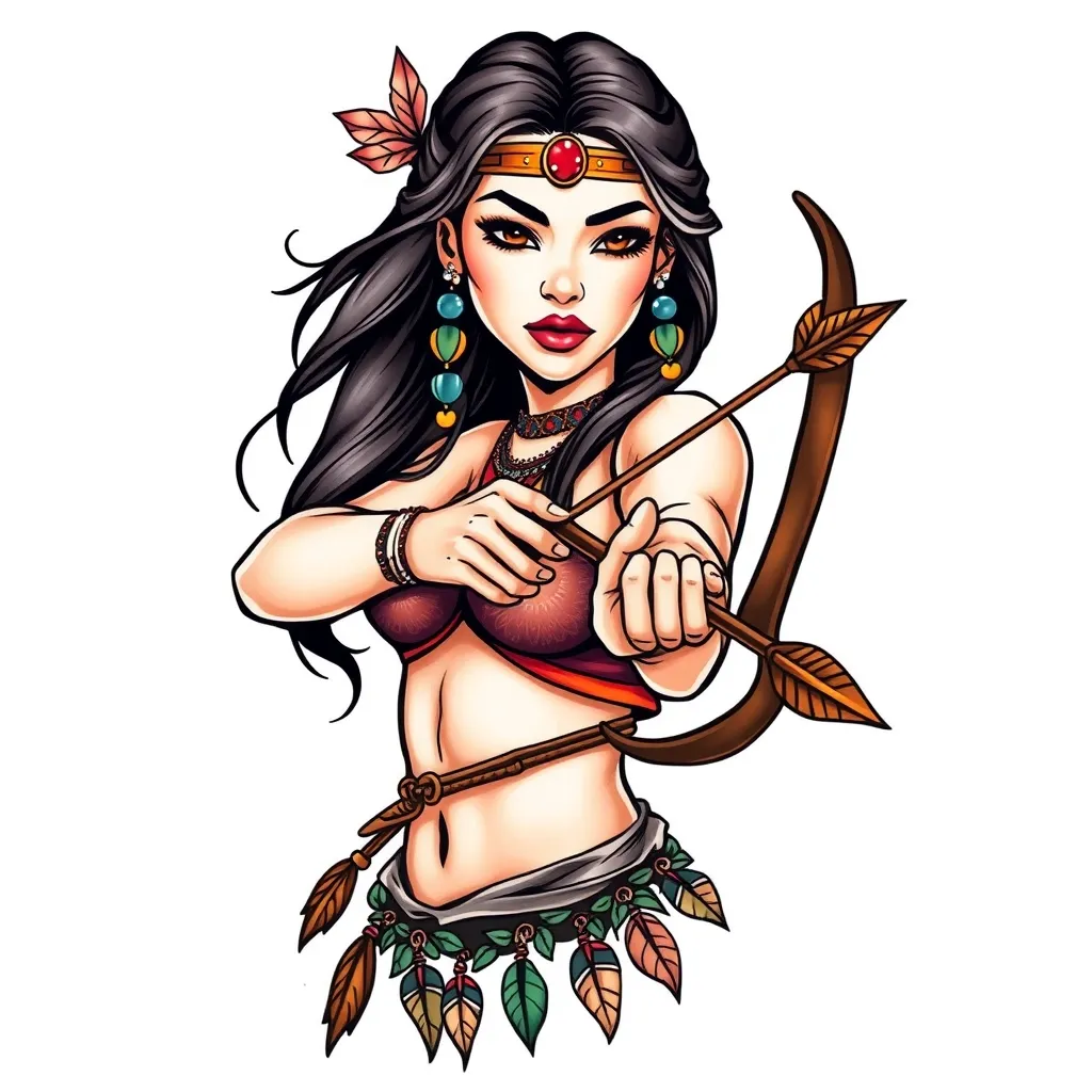 create a brunette Brazilian girl character, with bow and arrow, Indian style 入れ墨