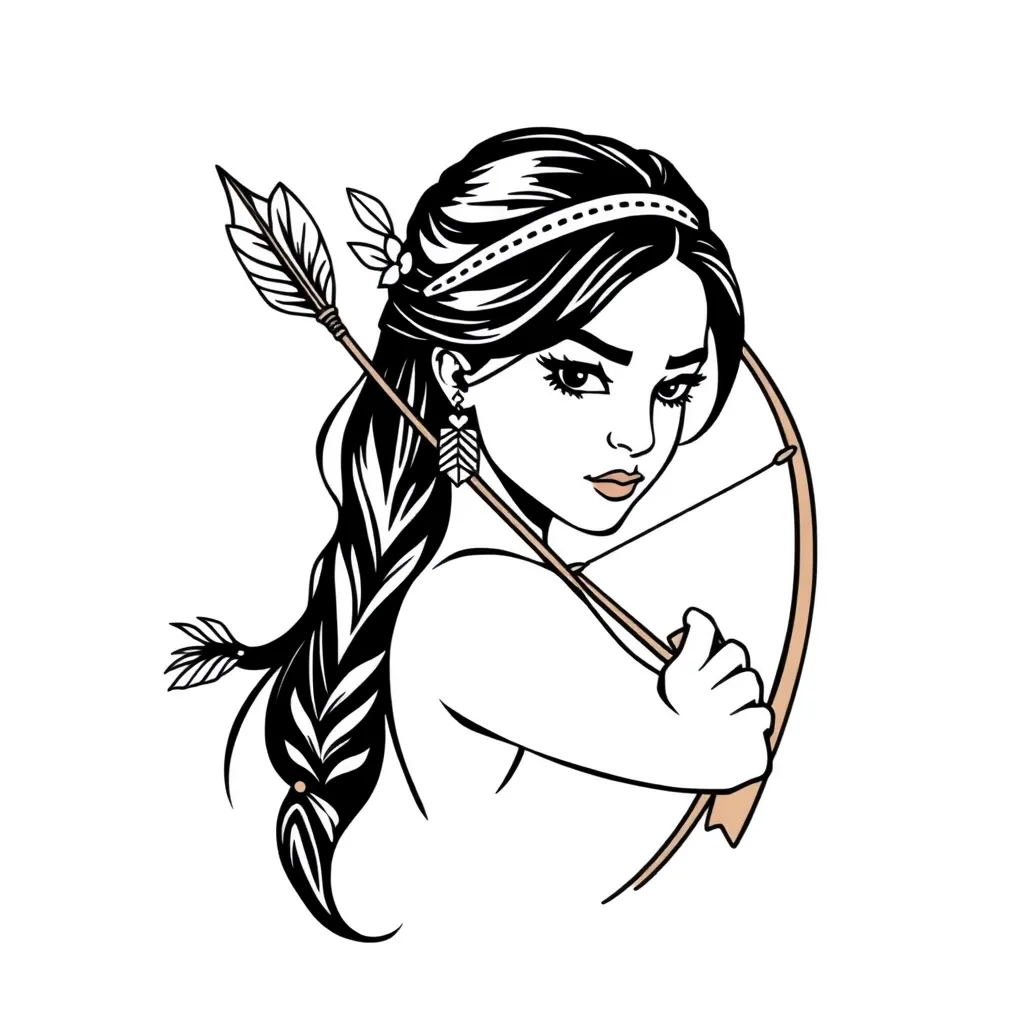 create a brunette Brazilian girl character, with bow and arrow, Indian style 入れ墨