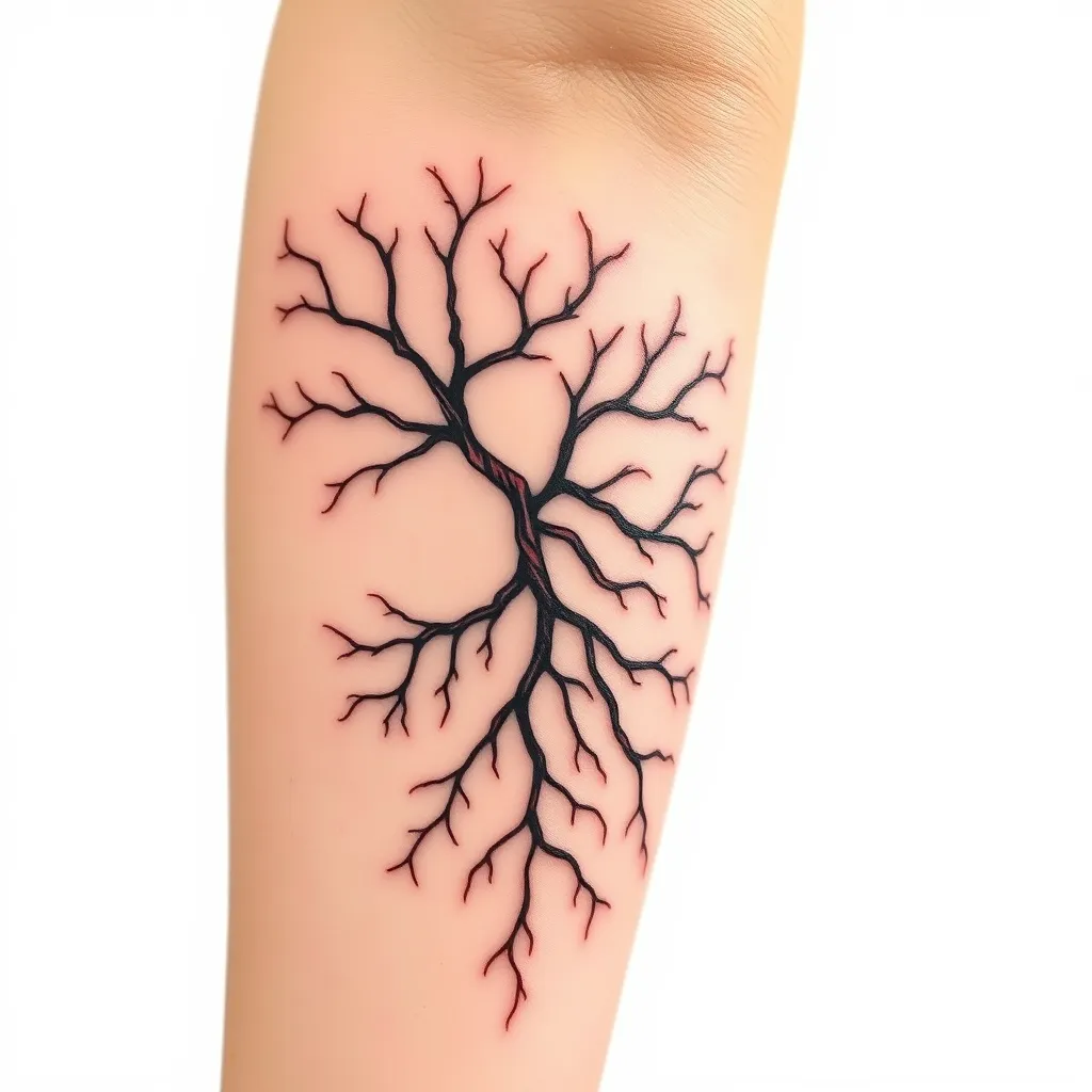 Create a close up image of a 15 cm abstract tattoo for the outside area of the lower arm with intricate pattern of a branching design resembling tree roots or veins with delicate lines and curves, with varying thicknesses, creating a sense of depth and flow against the skin that incorporates the meaningful themes of Self worth, Self compassion and self kindness as encrypted symbols in the styles of neo tribal, neo goth, featuring different shades, giving a sense of energy and movement. tatuaje