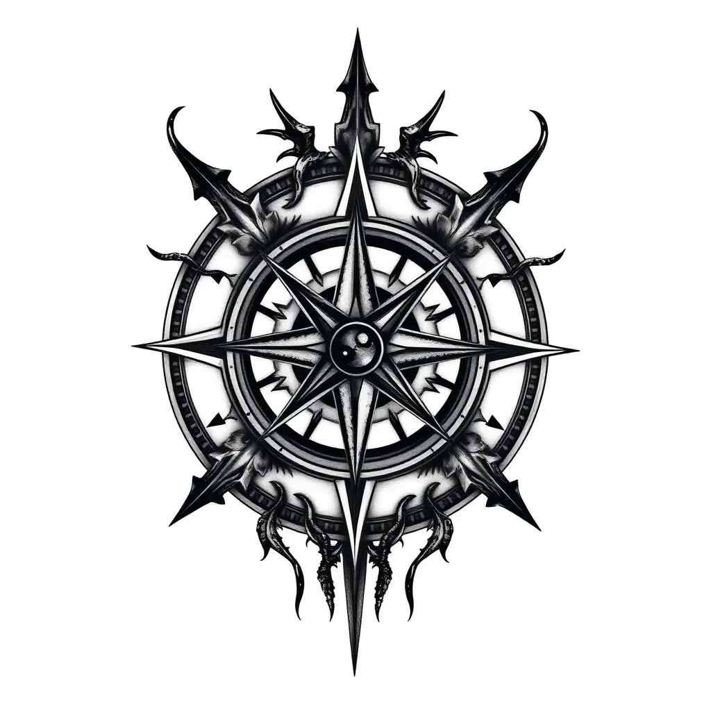 Create a design for a compass rose tattoo inspired by the work of Hans Ruedi Giger. tatuaż