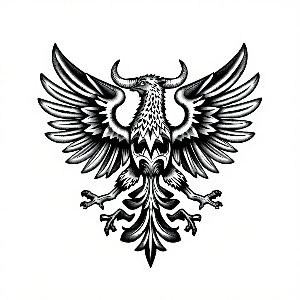 Erstelle mir ein Design, wo im Mittelpunkt das Symbol des deutschen Adlers in einem Wappen steht, dieses dunkel ab Schattiert ist und über diesen Wappen empor der Mecklenburger Ochse beziehungsweise Stier in dynamischer Form hervorkommt وشم