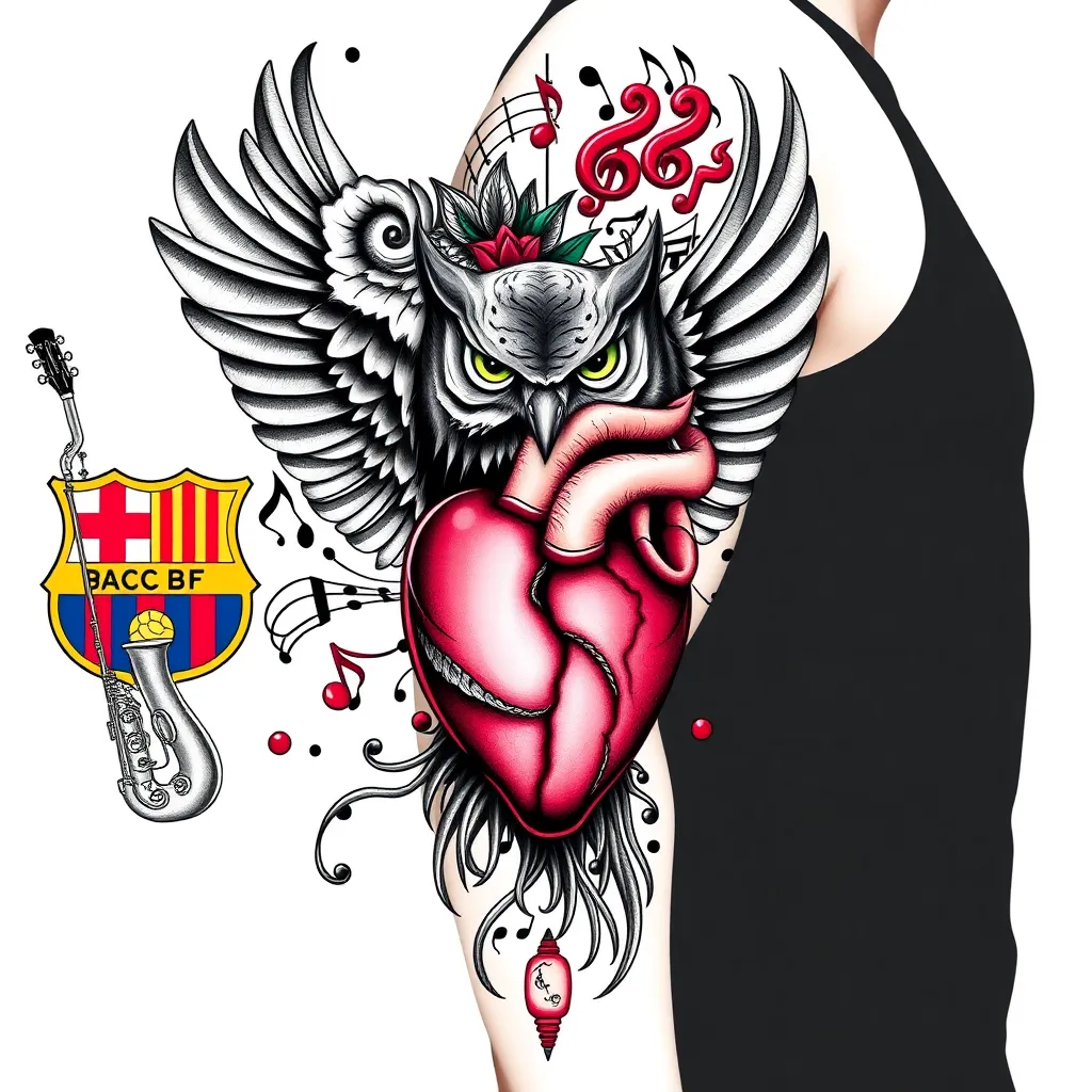 Create a dynamic half-sleeve tattoo for the arm, combining the following elements:

Barcelona FC (incorporate the club's crest subtly in the background or as part of the design's framework).
Rock & Roll and Jazz (include symbols like an electric guitar, music notes, or a saxophone intertwined with flowing musical staff lines).
An owl (symbolizing wisdom and mystery, perched with wings partially spread).
A lion (depict strength and courage, integrating it as a central figure with a majestic mane).
A heart and brain (illustrate the balance between emotion and intellect, possibly connecting them with intricate details like roots or veins).
The overall style should blend realism and abstract art, with seamless transitions between the elements. Use bold blackwork and selective shading to create depth and emphasize details, ensuring it fits perfectly as a half-sleeve design tattoo