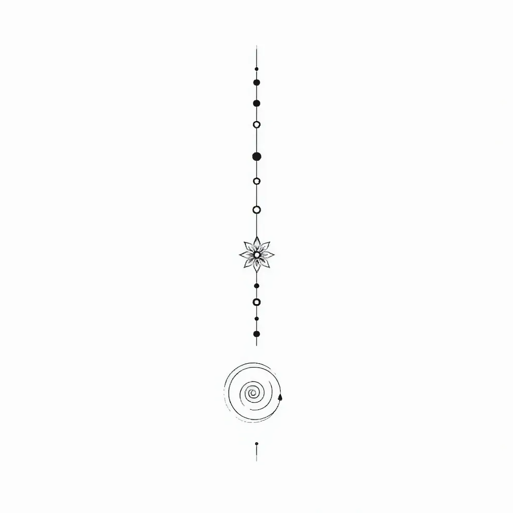 Create a fine-line tattoo design in a minimalist Unalome style. The tattoo should be abstract and symbolic, not literal.
Elements to include (all stylized and integrated into one flowing vertical line):
– A lower spiral to represent the beginning of a journey.
– Subtle balance, not traditional scales.
– A stylized star or abstract flower midway through the line (symbolizing love and gratitude).
- Something to symbolize incondicional love.
– Three to five small dots or orbs scattered upward to represent joy and lightness.
– The top of the line should open slightly into an abstract symbol of elevated consciousness.
The style should be elegant, delicate, spiritual, and timeless — inspired by sacred geometry and meditative symbols. No colors, only black ink. Fit for a tattoo under 10cm tall. 纹身