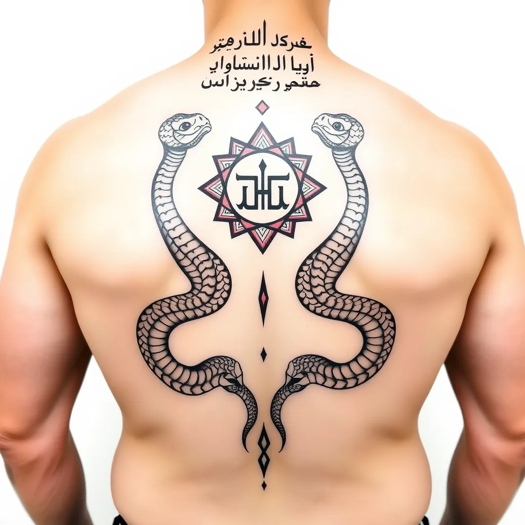 "Create a full-back tattoo design for a broad-shouldered man. The design begins at the neck with an Arabic phrase written in an elegant pyramid shape, which translates to 'The family is the first homeland.' This phrase should have a bold yet delicate calligraphy style. From the phrase, two symmetrical snakes emerge and descend down both sides of the back. The snakes should feature intricate geometric patterns inspired by Berber art, like interlocking lines and triangles, symbolizing protection and wisdom.

At the upper center of the back, the snakes intertwine to form a circular design containing the Berber symbol 'ⵣ' (agraw), representing unity and freedom. The circle should be bold, with fine details to create depth and mysticism.

The snakes then continue their descent to the lower back, where they face each other in a clean and minimal finish, balancing the overall composition. The style of the tattoo should be detailed, symbolic, and bold, with an aesthetic that blends traditional geometric art and modern tattoo design." dövme