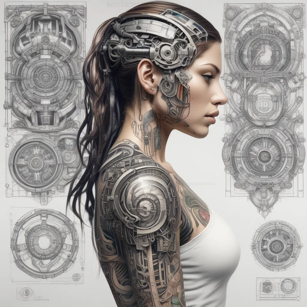 Create a highly detailed and colorful biomechanical tattoo design that covers the entire lower and upper arm and the shoulder. The design should feature various computer parts seamlessly integrated into the skin, giving the appearance that these components are partially beneath the surface. Include the following elements:

CPU: Prominently displayed, perhaps at the shoulder or upper arm.
Memory Banks: Running parallel along the length of the arm.
Hard Drives: Embedded in the bicep and forearm areas.
Circuit Boards: Interwoven throughout the design, connecting all components.
HDMI Ports: Strategically placed near joints like the elbow.
USB Ports: Along the wrist and forearm.
On/Off Switch: Placed near the wrist or on the shoulder.
Additional Computer Parts: Such as fans, heat sinks, cables, SCSI flat cables and LEDs.

The design should blend the mechanical elements with the organic look of human skin, including realistic shading and texture to enhance the 3D effect. Use a combination of metallic and organic colors to highlight the contrast between the human and machine aspects. Ensure the overall aesthetic is cohesive, intricate, and visually striking, perfect for a full sleeve tattoo. tatouage