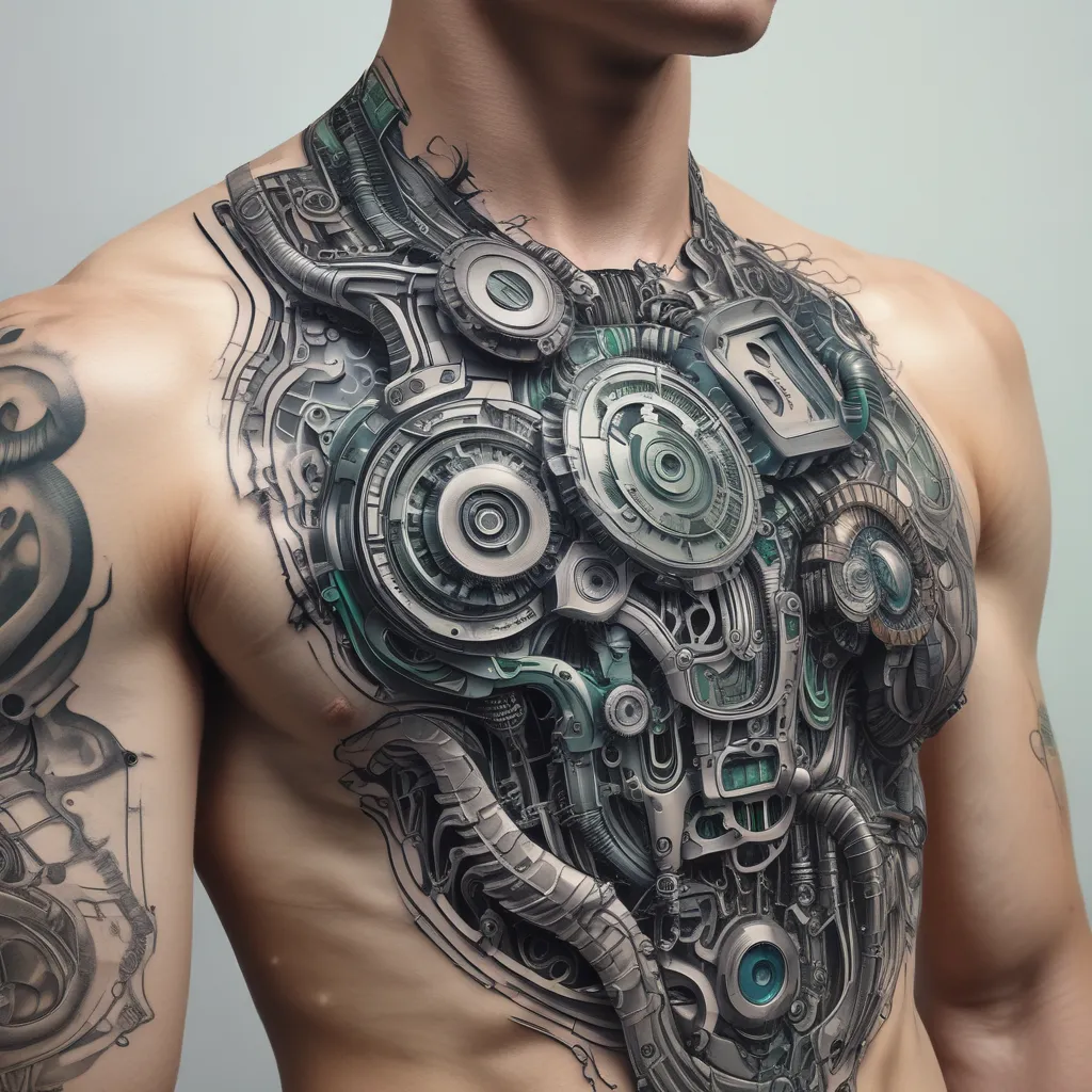 Create a highly detailed and colorful biomechanical tattoo design that covers the entire lower and upper arm and the shoulder. The design should feature various computer parts seamlessly integrated into the skin, giving the appearance that these components are partially beneath the surface. Include the following elements: CPU, memory banks, hard drives, green circuit boards, HDMI ports, USB ports, RJ45 ports, On/Off switch, fans, heat sinks, cables, SCSI flat cables and LEDs tatuering