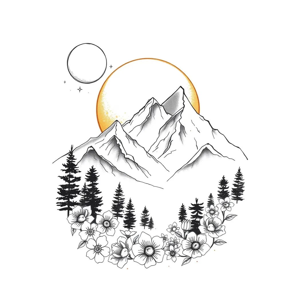 Create a light colors tattoo design in which there is realistic mountains, in the downwards of the mountains there is curve chain of flowers blooming up and on the back of the mountains the environment is like the sun is rising up like little bit yellow and orange and dark blue colours and on the left upper side there is a moon with some stars, white background τατουάζ