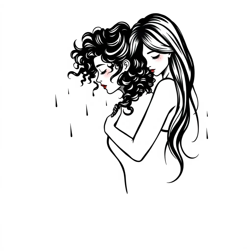 créer tatouage minimaliste en noir et blanc qui représente avec deux femmes qui s’accroche l’une à l’autre malgré le vent et la pluie l’une avec les cheveux frisés l’autre avec les cheveux lisses représentant l’amour impossible  dövme