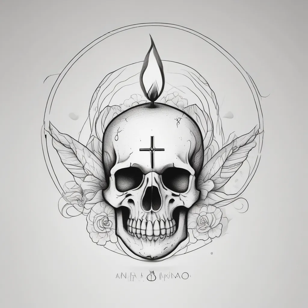 create a minimalist tattoo in black and white, to be placed on the bicep. Incorporating the phrase: memento mori, a cross, a skull and a burning candle. 纹身