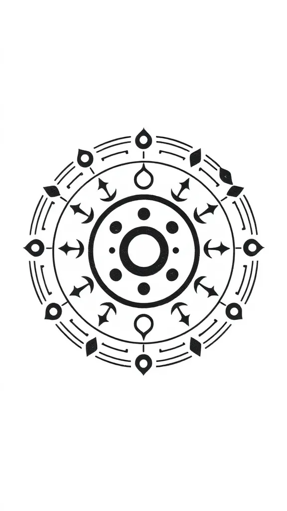 Créer un tatouage minimaliste inspiré du Sharingan du manga Naruto. Le design doit inclure des cercles concentriques, des motifs de tomoe stylisés, et des lignes épurées. Préserver une esthétique sobre et moderne, en évitant les détails complexes. Utiliser des éléments graphiques noirs uniquement pour une apparence minimaliste. tattoo