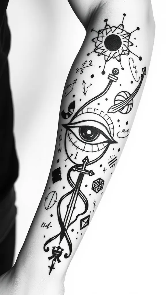 Create a professional tattoo design in blackwork style to cover the entire arm, with a minimalist theme and elements representing intelligence and science (such as simple mathematical formulas, a stylized atom, or DNA strand), sports (abstract or symbolic representations of football, karate, and basketball), faith in God (a minimalist cross or other subtle religious symbol), a love for anime (like a stylized eye or a sword subtly integrated), and passion for online gaming (a controller or pixel art-inspired elements). The design should be cohesive and fluid, connecting all elements harmoniously with clean lines and high-contrast blackwork tattoo