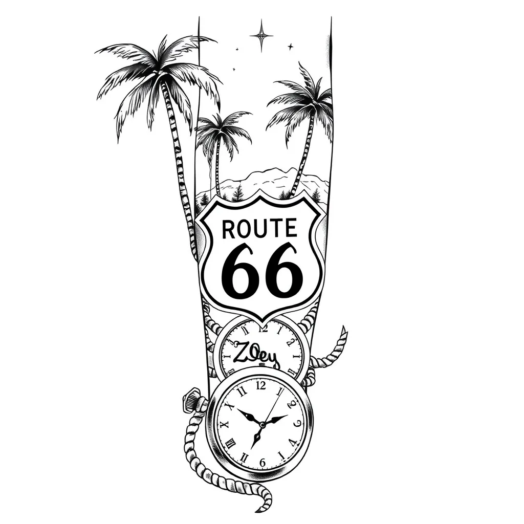 erstelle ein realistisches schwarz weiß tattoo für den ganzen Arm mit Palmen, der Route66, einem Seil, einem Kompass, einer Taschenuhr die 16:31 Uhr anzeigt, dem Namen Zoey tatoeage