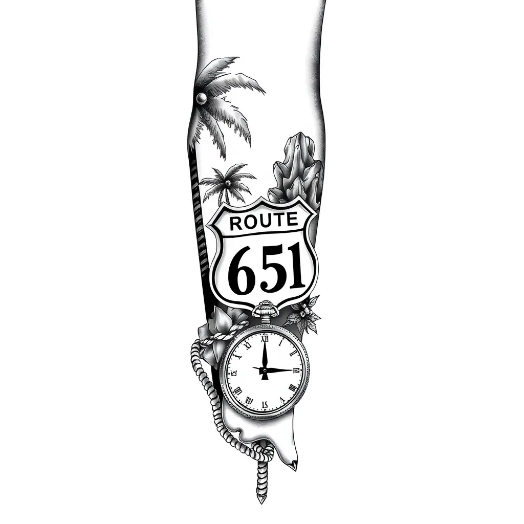 erstelle ein realistisches schwarz weiß tattoo für den ganzen Arm mit Palmen, der Route66, einem Seil, einem Kompass, einer Taschenuhr die 16:31 Uhr anzeigt, dem Namen Zoey tattoo