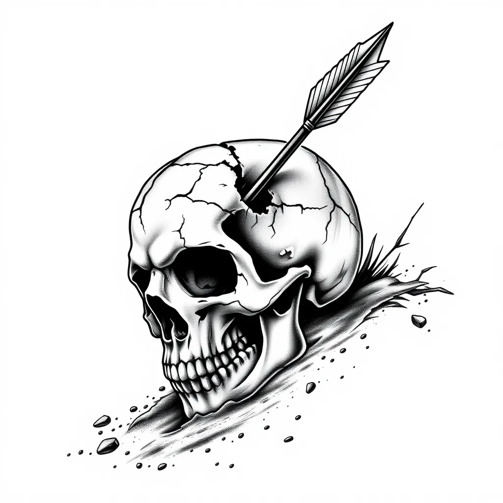 Create a tattoo design featuring a skull with a cracked cranium, lying partially embedded in the ground. The cracks on the skull should be jagged and prominent, adding a sense of decay and time. A long arrow pierces through the top of the skull, entering through the cranium and exiting through the mouth. The arrow's tip should be shaped like a bullet, giving it a distinctive and sharp appearance. Surround the skull with subtle details like dirt, small stones, and possibly faint grass blades to emphasize the ground setting. The overall mood should be dark and gritty, with intricate shading to bring depth and texture to the design. tattoo