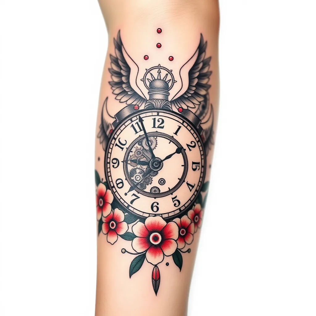 create tatto for arm 'd like the focal point to be a broken clock. I like the gears in the middle of the clock. Possibly some wings at the top, but subtle, not huge wings. I would like some more fill other than just flowers, but no "tribal" or barbed wire. Possibly adding the Italian wording "Nessuna promessa di domani" somewhere. Going for a masculine tone/style. tatuaggio