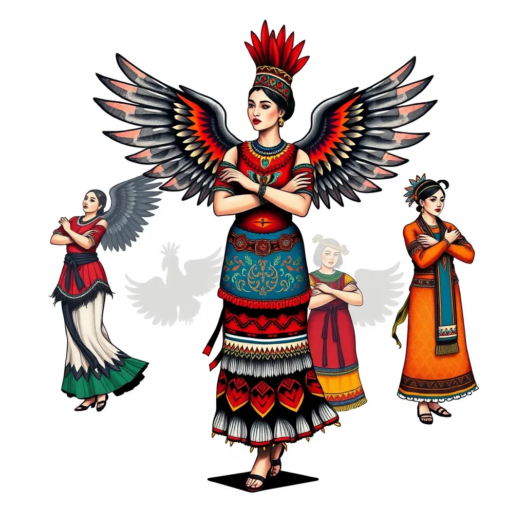 crea un tatuaje de un bailarin con 5 sombras diferentes, 1 vestido de condor con alas abiertas, 1 vestido de chiloe con los brazos cruzados, 1 vestido de patagonia con los brazos cruzados, 1 vestido de huaso con los brazo cruzados y con chamanto, 1 vestido de norte festivo con los brazos cruzados tattoo