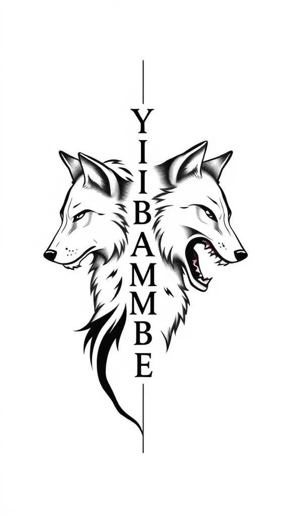 Criar uma tatuagem de dois lobos um calmo e o outro com raiva. Contendo a palavra YIBAMBE no sentido vertical tattoo