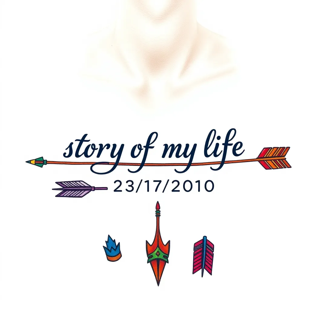 crie uma tatugaem  na clavicula, escrito story of my life com a data 23/07/2010 e utlize 5 setas de pista de corrida, sendo que a terceira seta tenha uma coroa  tattoo