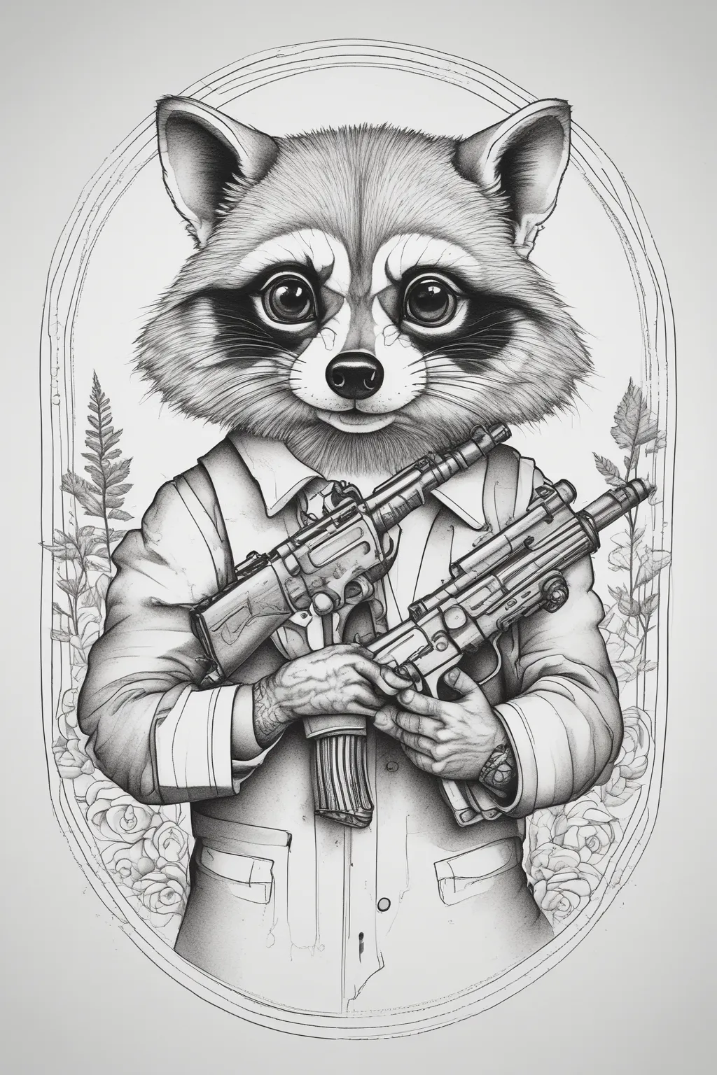 Create a tattoo sketch of a raccoon holding a gun, with the face of Ukrainian President Volodymyr Zelensky. The sketch should be colorful, original, and incorporate elements of caricature that emphasize the character of the figure 문신