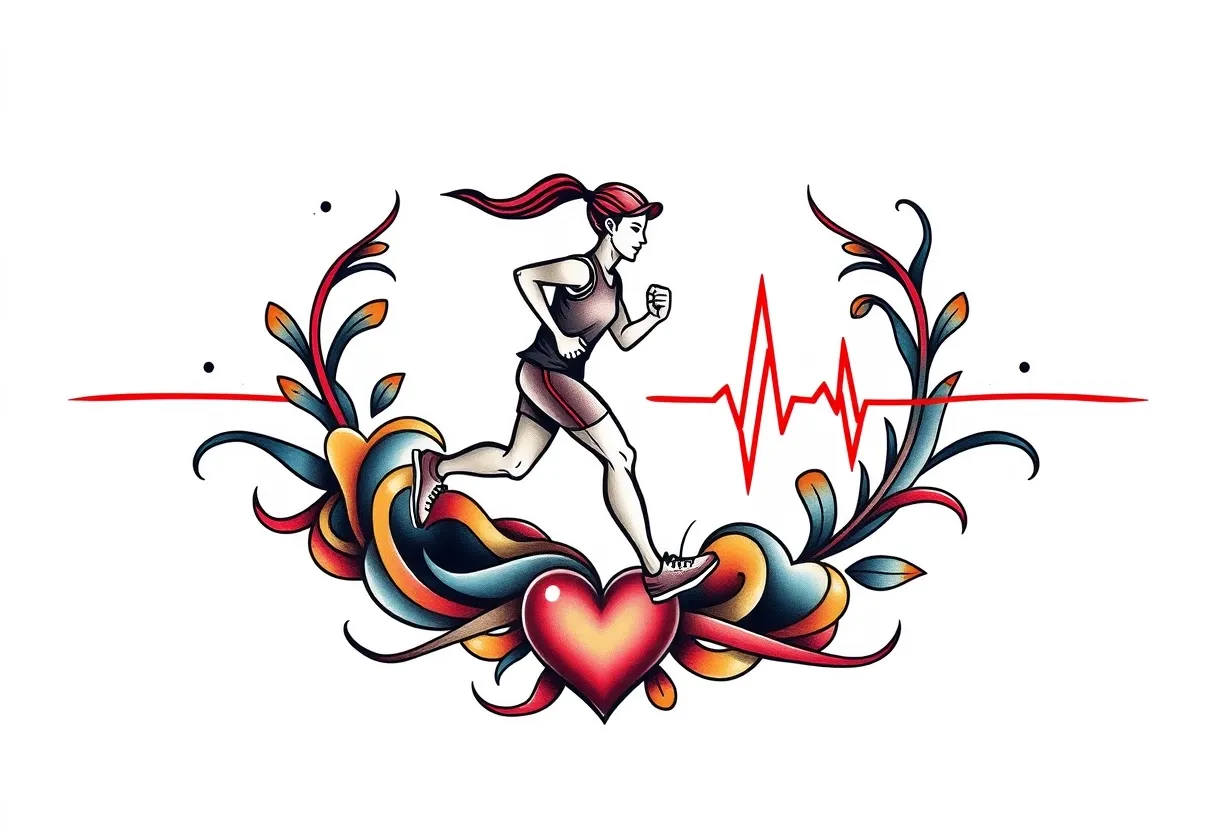 Create a Tattoo that Shows my passion for running. IT should contain a Runner and a heartbeat Symbol.  tattoo