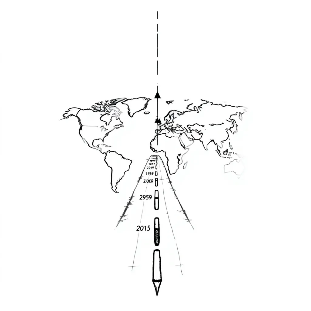 Crea un tatuaggio con una strada che parte stretta e si allarga con delle pietre miliari con le date importanti e che termini in un planisfero Tätowierung