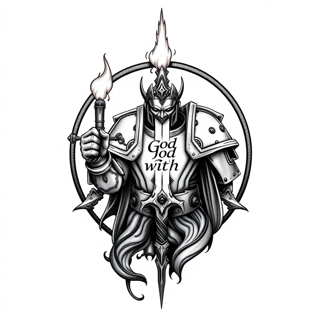 Create a tattoo with the aesthetic of warhammer 40k an emperor holding a flaming sword in a circular frame and within the frame ingrave the quote GOTT MIT UNS tattoo