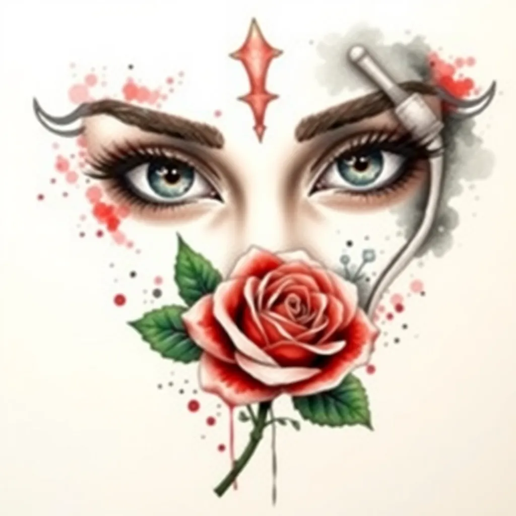 Create a unique tattoo in the realism style Eyes of Santa Luzia and add a rose as a complement tetování