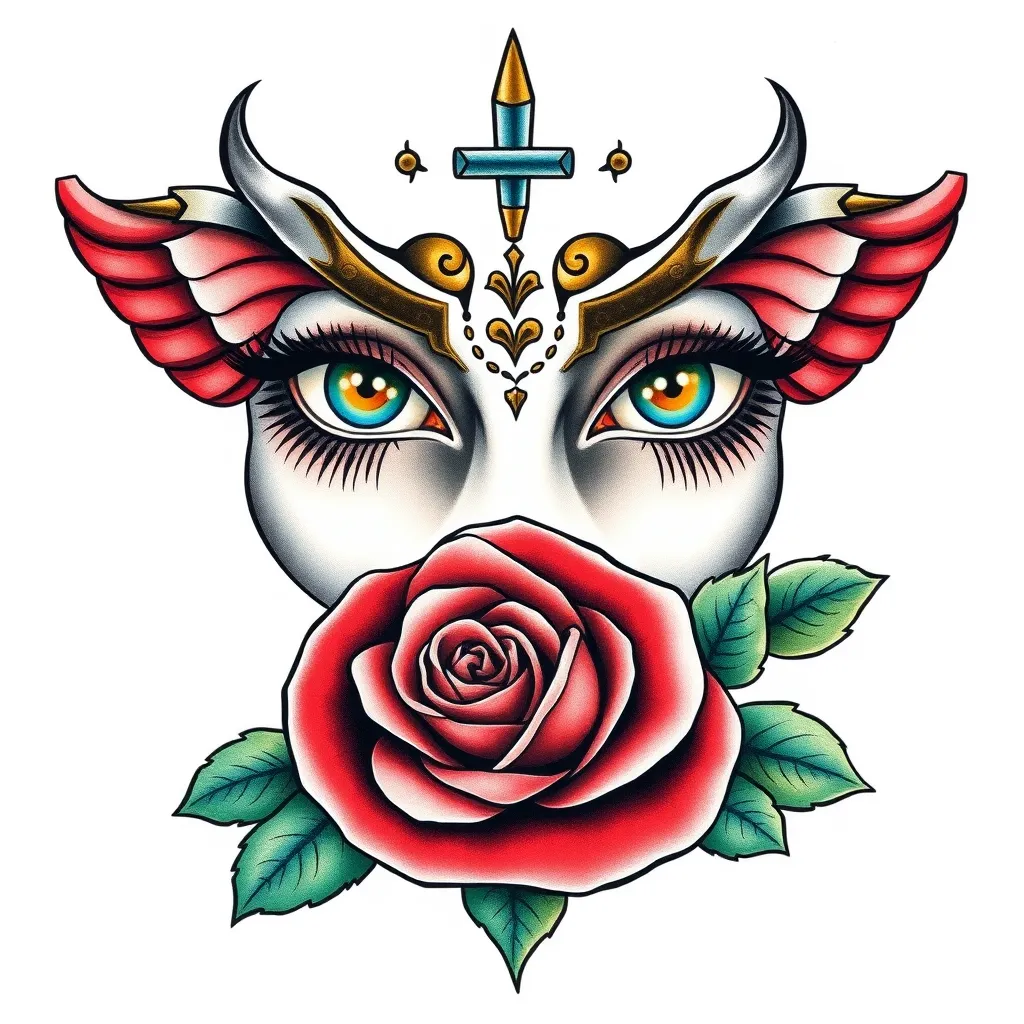 Create a unique tattoo in the realism style Eyes of Santa Luzia and add a rose as a complement tatouage