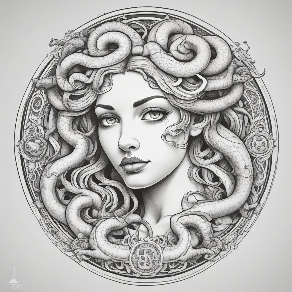 Create an arm tattoo outline in an oval space of Medusa's serious face. The snakes in her hair should be in an attacking position, and the tongue in Medusa's mouth should be sticking out and pointing downward. 纹身