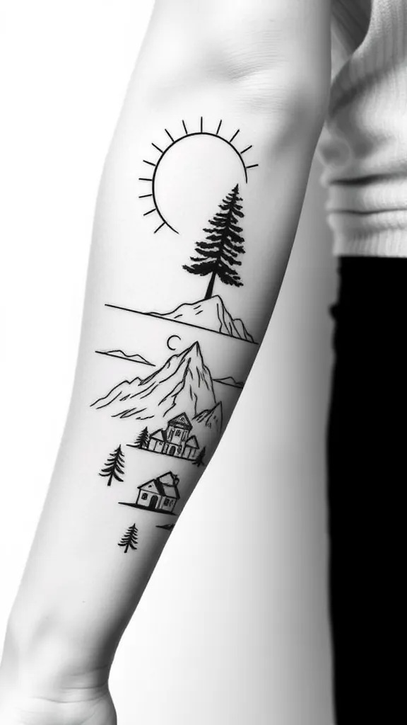 create me a tattoo that wraps around my forearm. I want this to be linework with a little realisim. it should have half of the argintine sun in linework, a portion should be the top of the congreso national de argentina, another should be argentina's national tree and then include a portion of a little house on top of a mountain looking over to more mountains of patigonia. this should all be in black and white tatuering