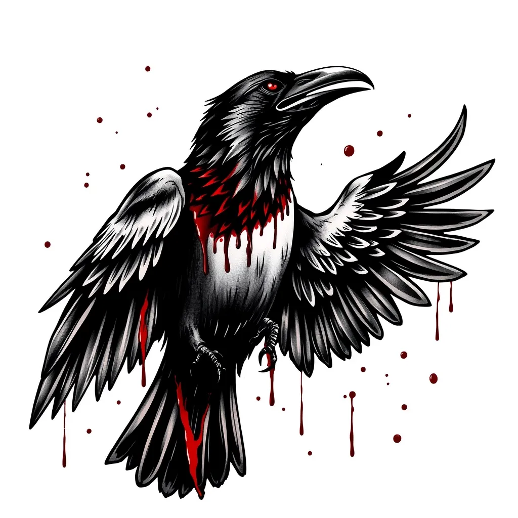 Crow with blood and his wings are open  tattoo