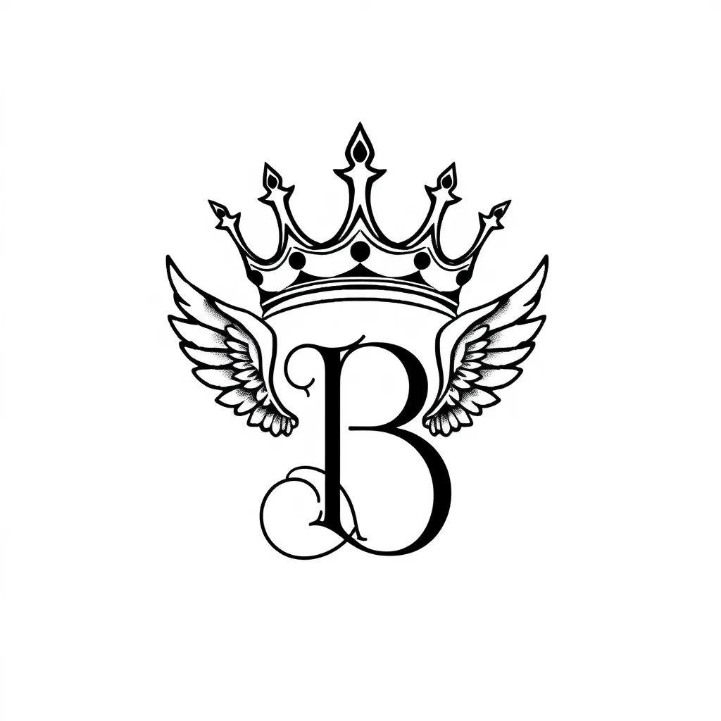 couronne avec la lettre "B" en dessous et des ailes d'anges sur les côtés de la lettre "B" 문신